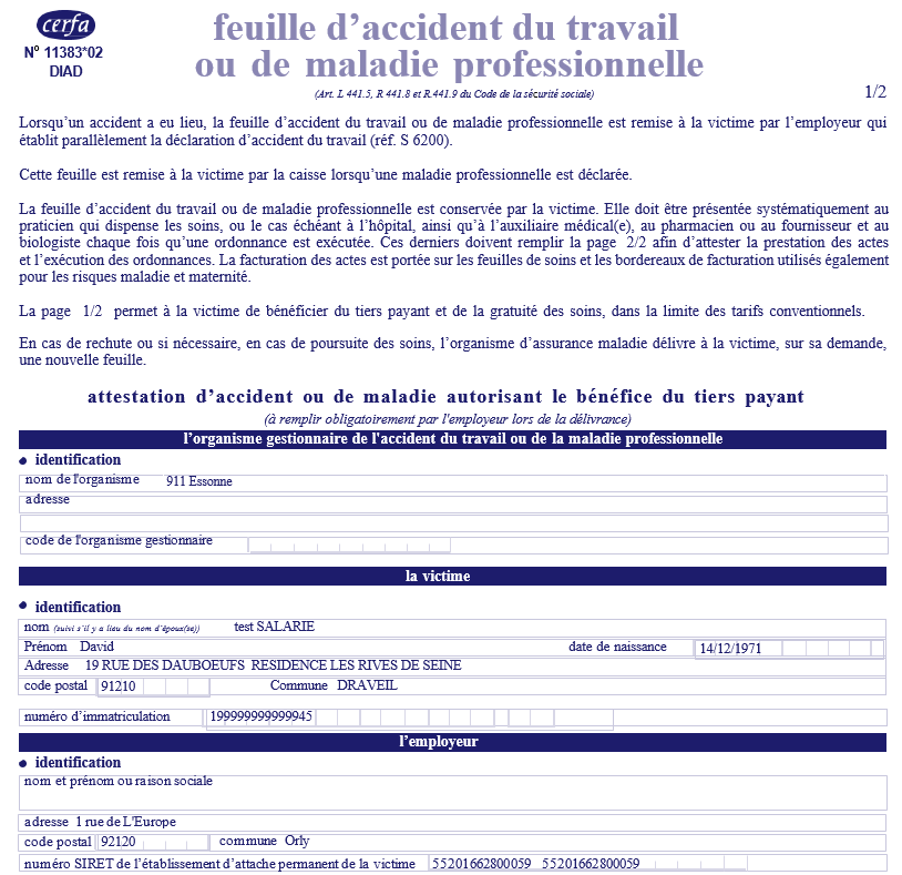 feuille d'accident du travail ou de maladie professionnelle